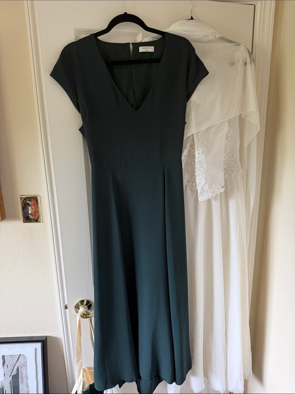 Babaton Forest Green V-Neck Cap Sleeve Midi Dress
